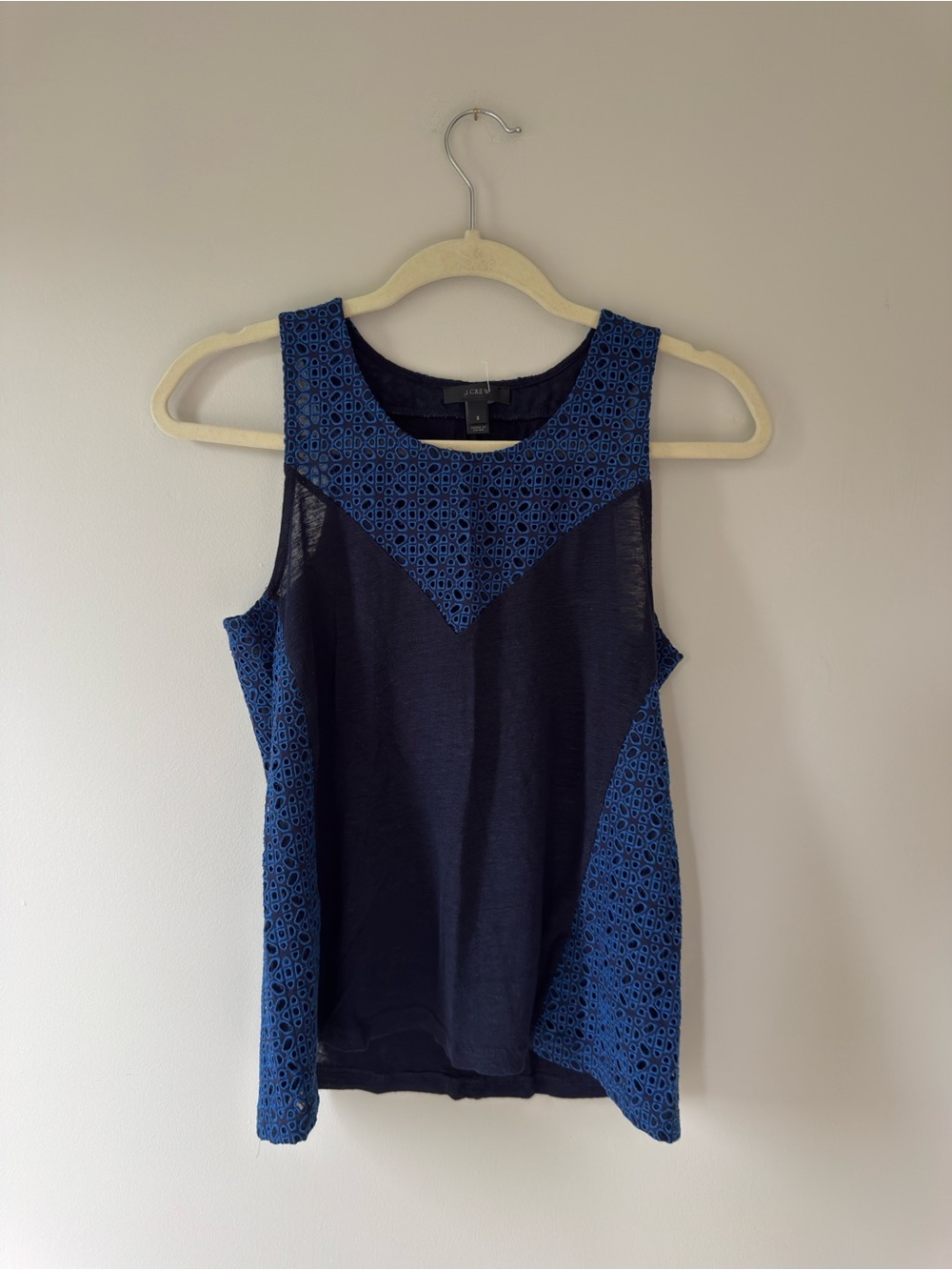 J. Crew Navy Tank with Royal Blue Lace Panels